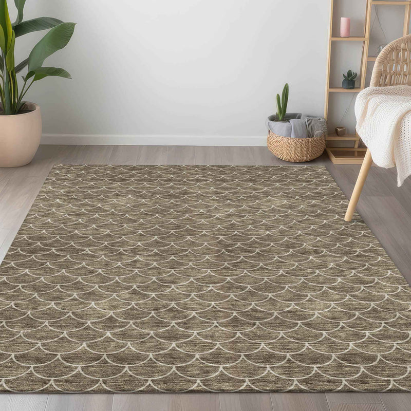 8' X 10' Brown And Beige Geometric Washable Indoor Outdoor Area Rug
