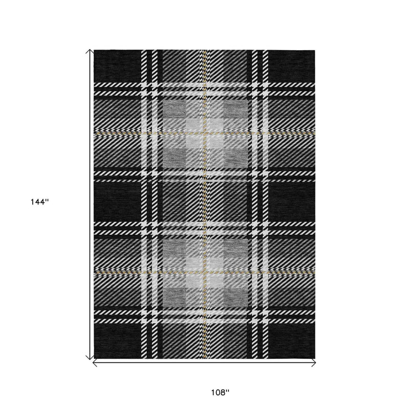 9' X 12' Black Gold And Gray Plaid Washable Indoor Outdoor Area Rug
