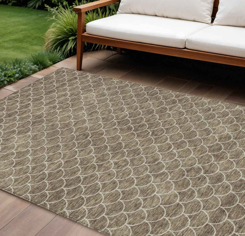 8' X 10' Brown And Beige Geometric Washable Indoor Outdoor Area Rug