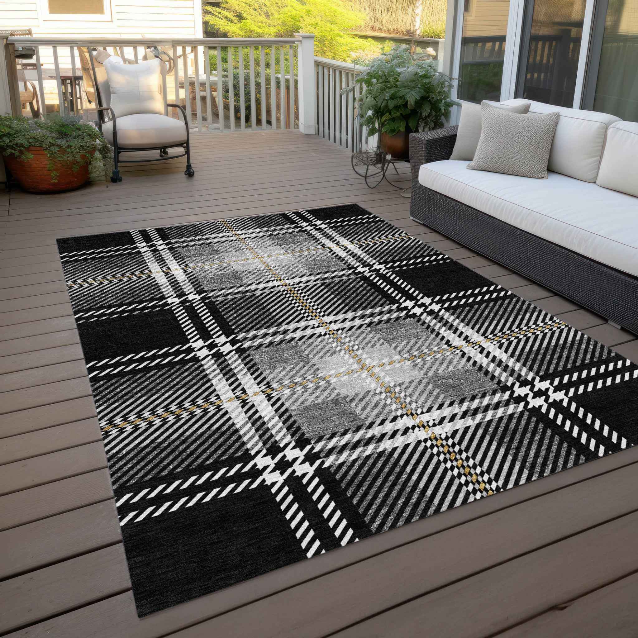 9' X 12' Black Gold And Gray Plaid Washable Indoor Outdoor Area Rug