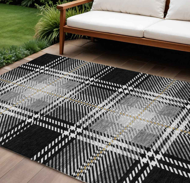 9' X 12' Black Gold And Gray Plaid Washable Indoor Outdoor Area Rug