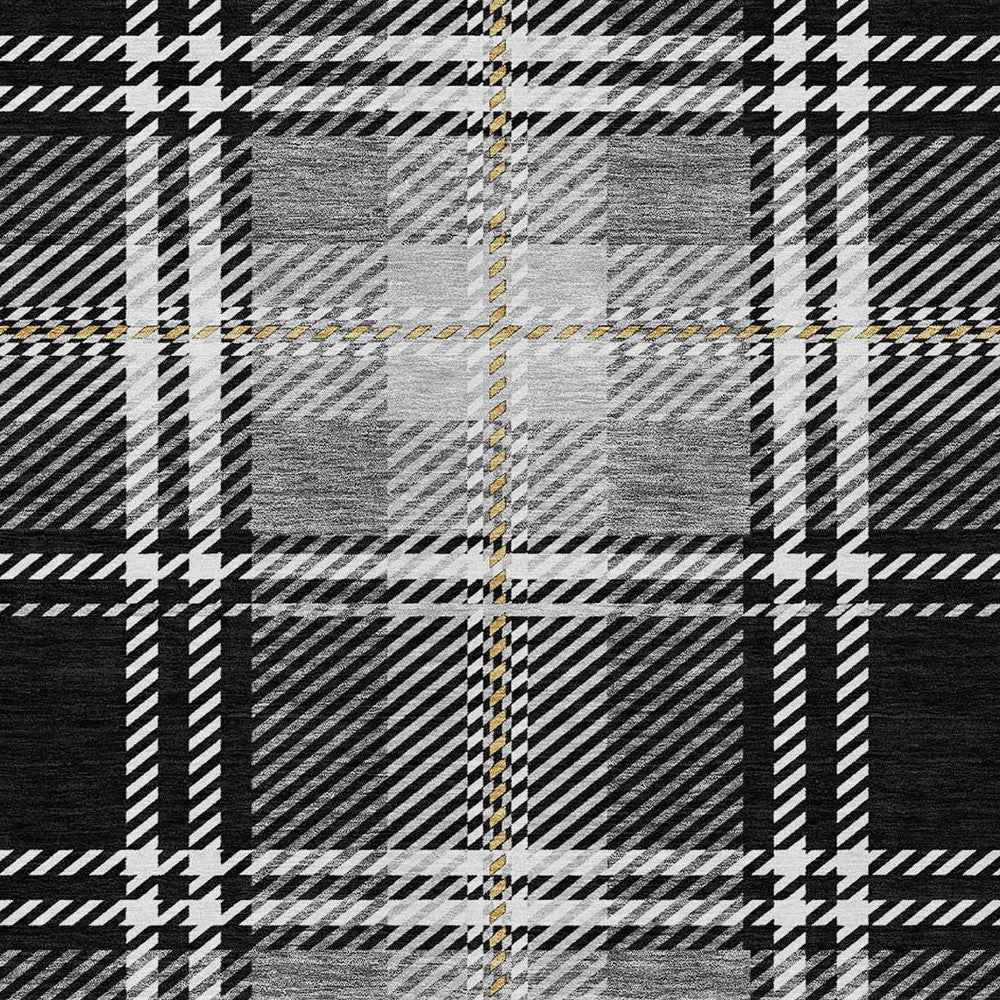 9' X 12' Black Gold And Gray Plaid Washable Indoor Outdoor Area Rug