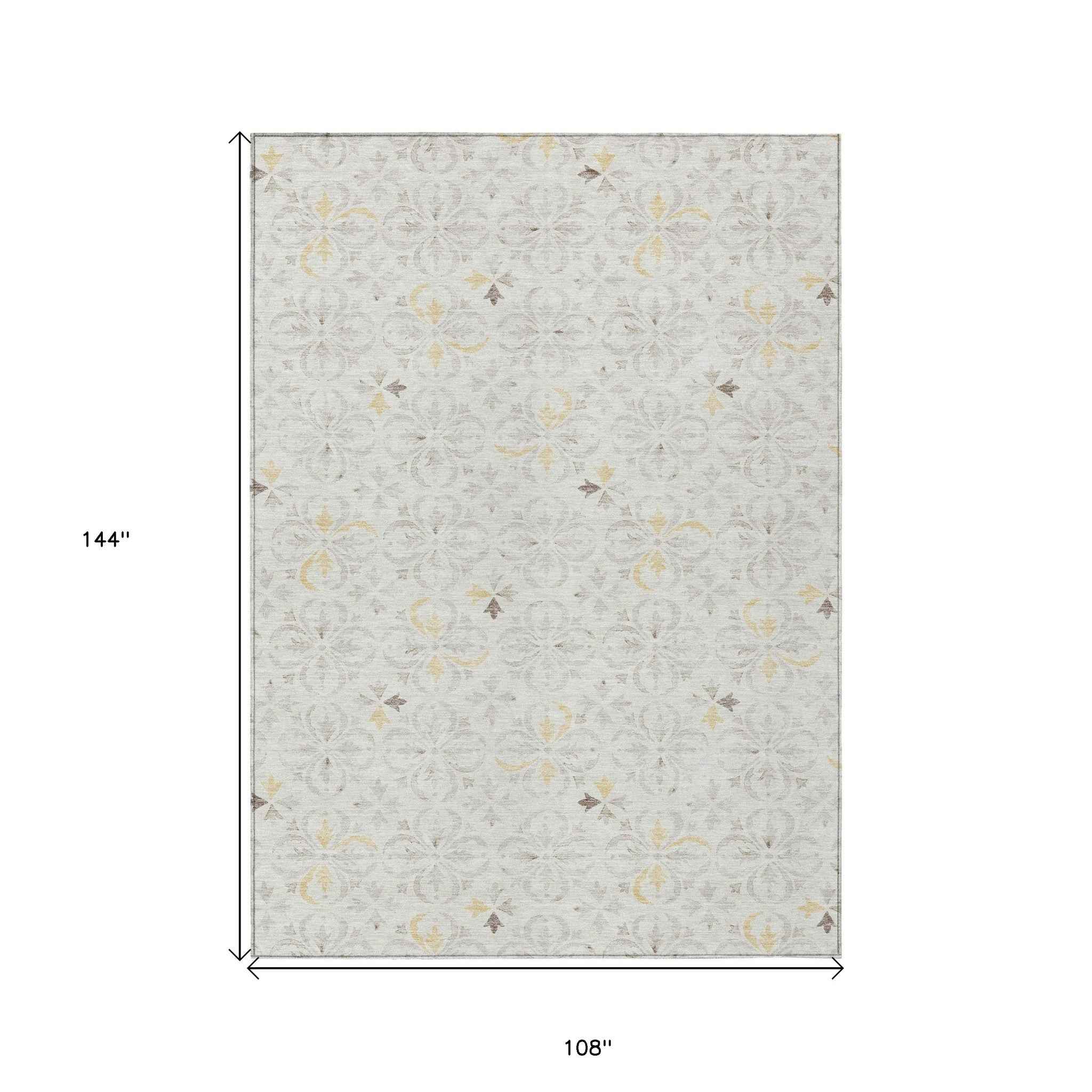 9' X 12' Ivory Gray And Gold Floral Washable Indoor Outdoor Area Rug