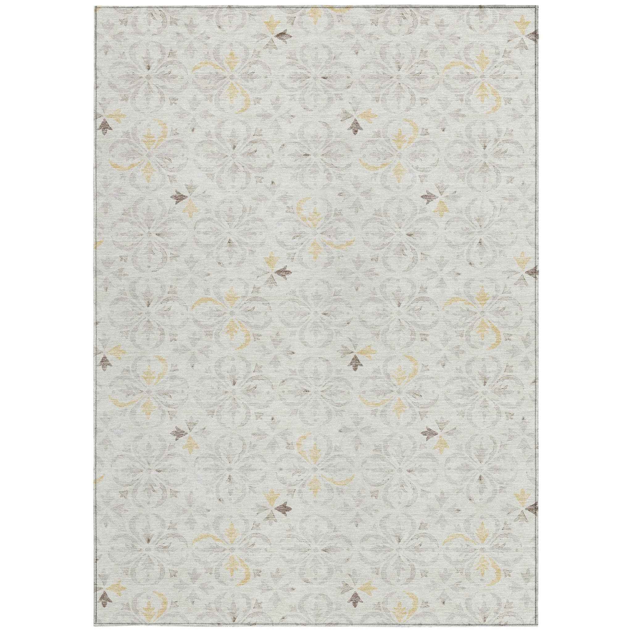 9' X 12' Ivory Gray And Gold Floral Washable Indoor Outdoor Area Rug