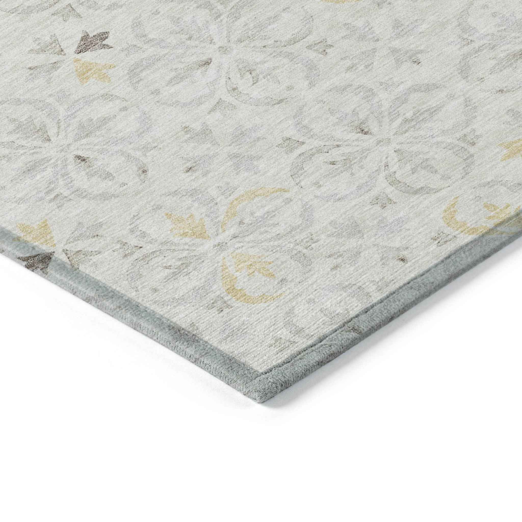 9' X 12' Ivory Gray And Gold Floral Washable Indoor Outdoor Area Rug
