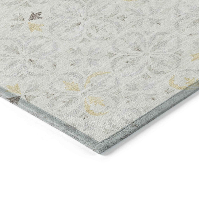 9' X 12' Ivory Gray And Gold Floral Washable Indoor Outdoor Area Rug