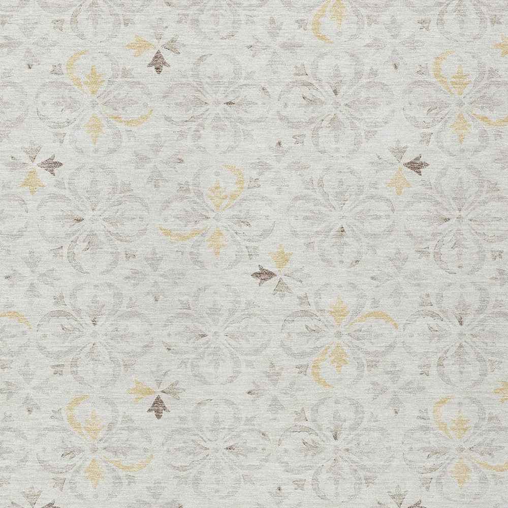 9' X 12' Ivory Gray And Gold Floral Washable Indoor Outdoor Area Rug