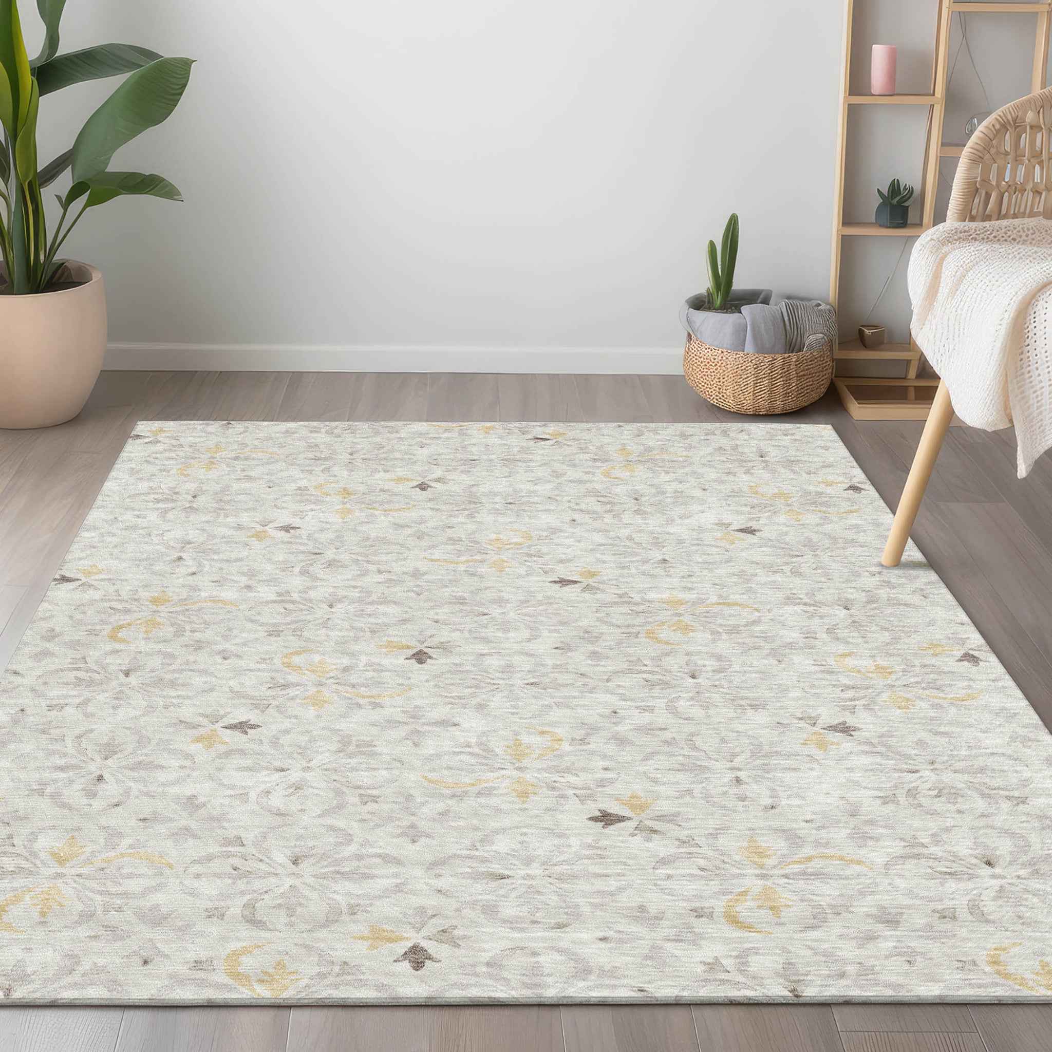 9' X 12' Ivory Gray And Gold Floral Washable Indoor Outdoor Area Rug