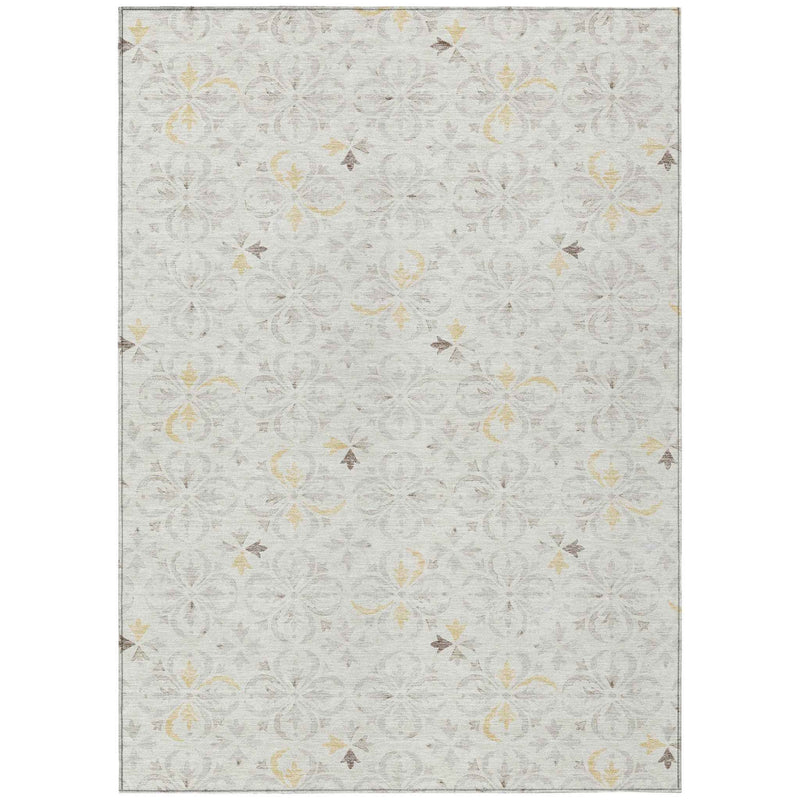 9' X 12' Ivory Gray And Gold Floral Washable Indoor Outdoor Area Rug