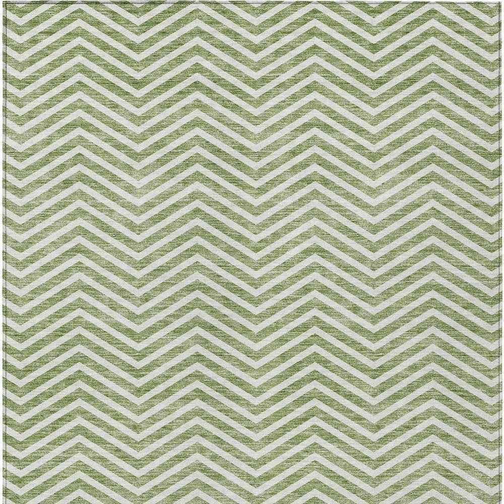 9' X 12' Green And Ivory Chevron Washable Indoor Outdoor Area Rug
