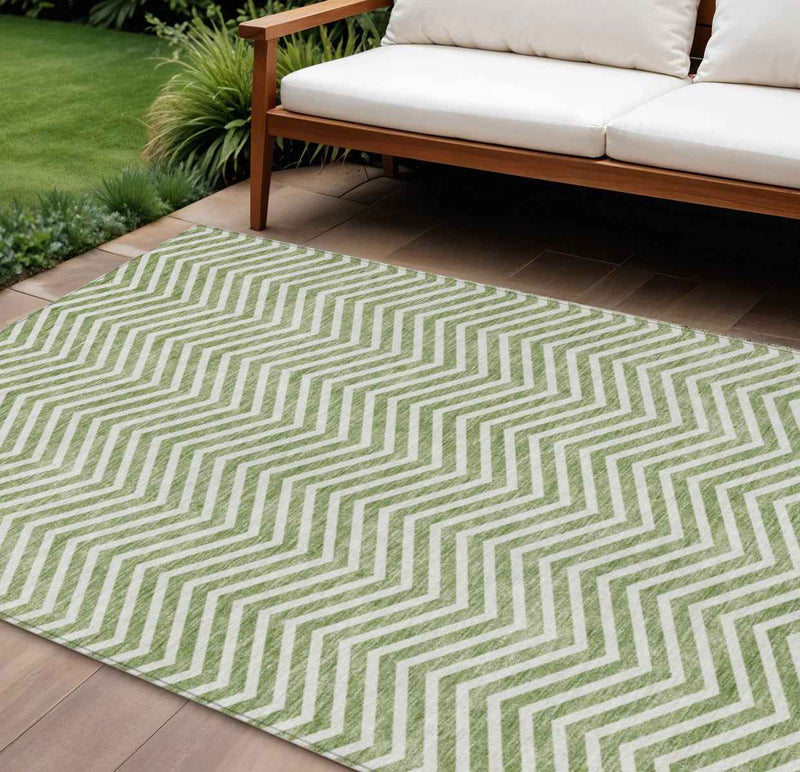9' X 12' Green And Ivory Chevron Washable Indoor Outdoor Area Rug