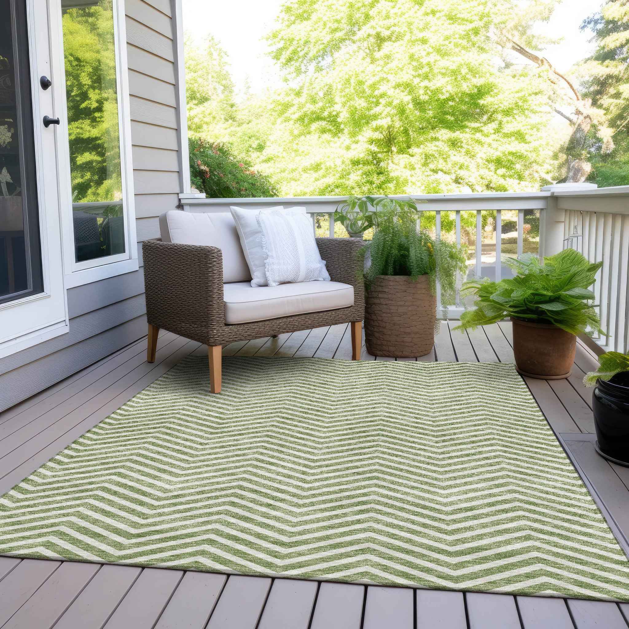 9' X 12' Green And Ivory Chevron Washable Indoor Outdoor Area Rug
