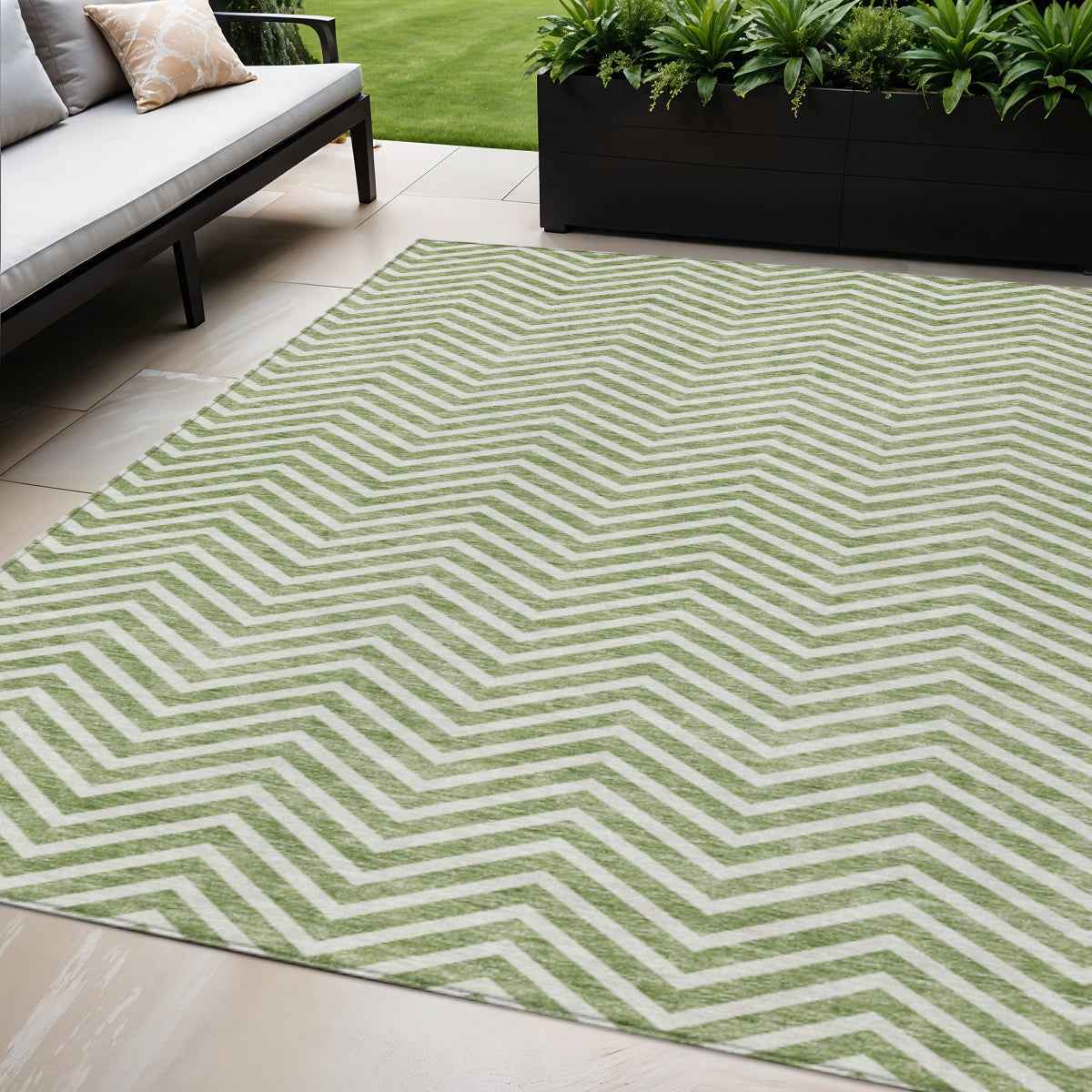 5' X 8' Green And Ivory Chevron Washable Indoor Outdoor Area Rug