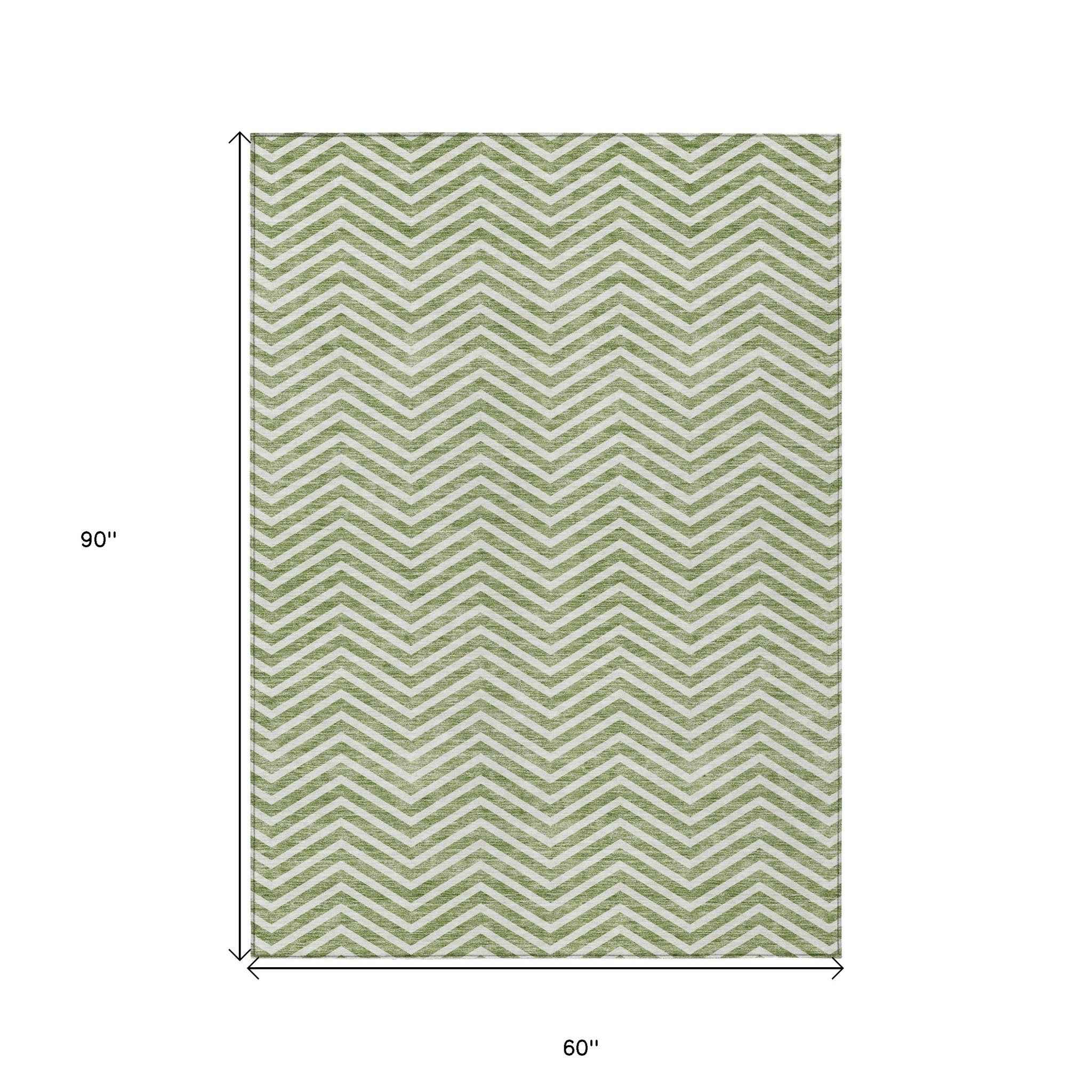 5' X 8' Green And Ivory Chevron Washable Indoor Outdoor Area Rug