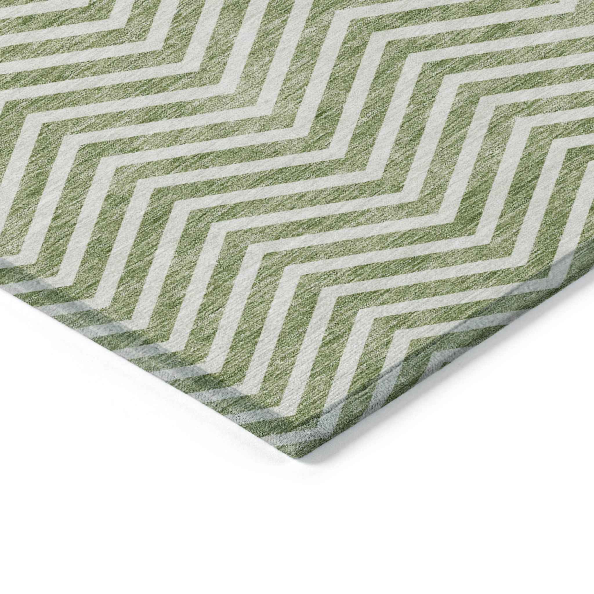 5' X 8' Green And Ivory Chevron Washable Indoor Outdoor Area Rug