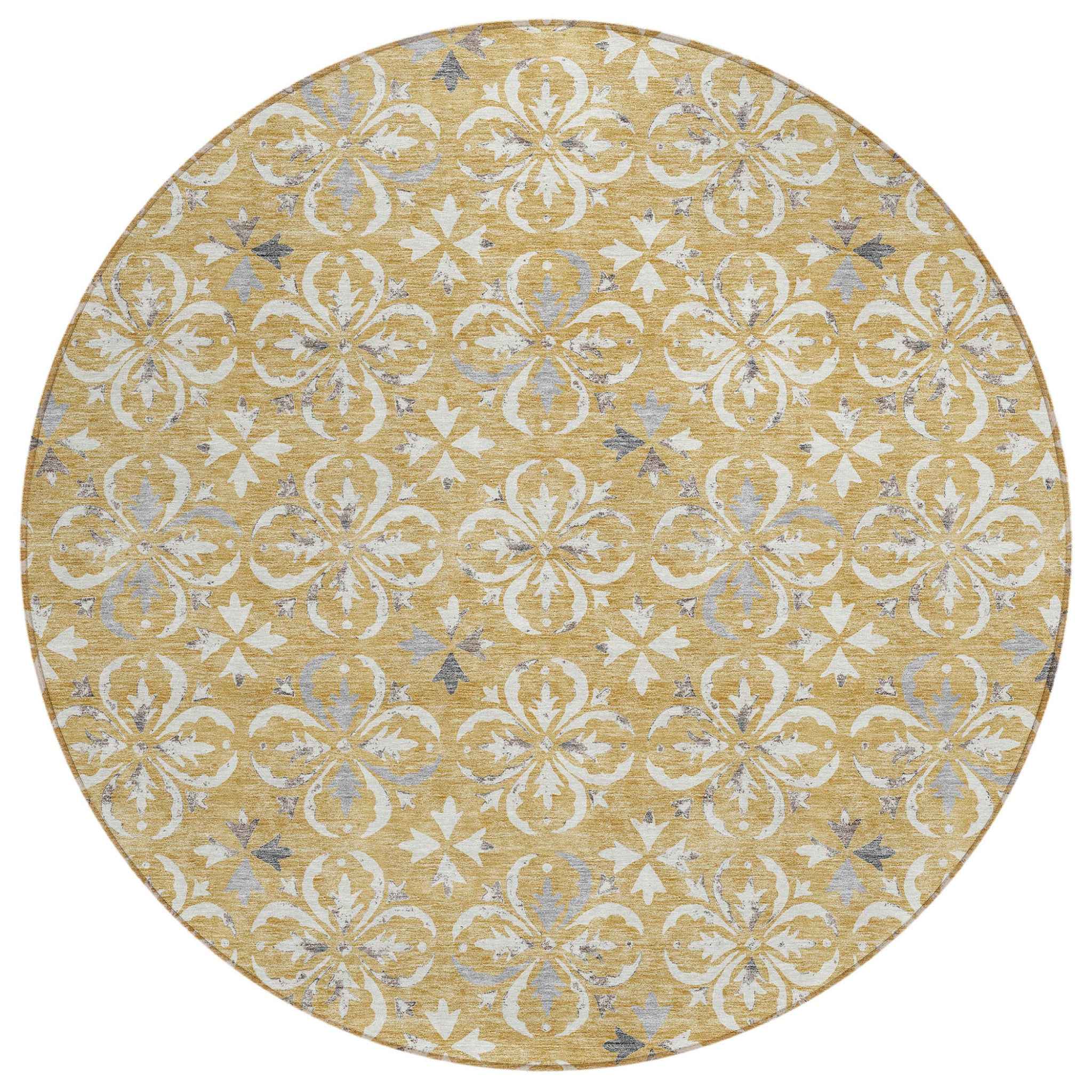 8' Gold Gray And Beige Round Floral Washable Indoor Outdoor Area Rug