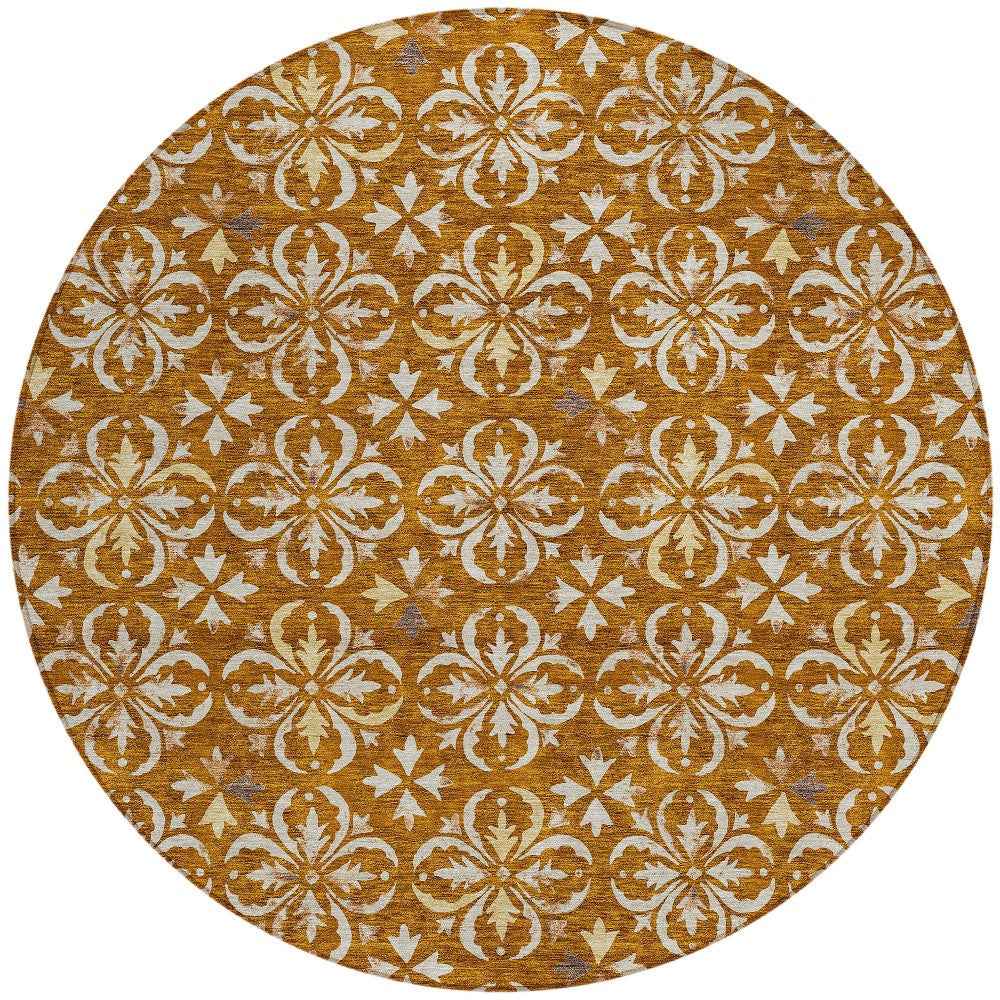 8' Copper And Beige Round Floral Washable Indoor Outdoor Area Rug