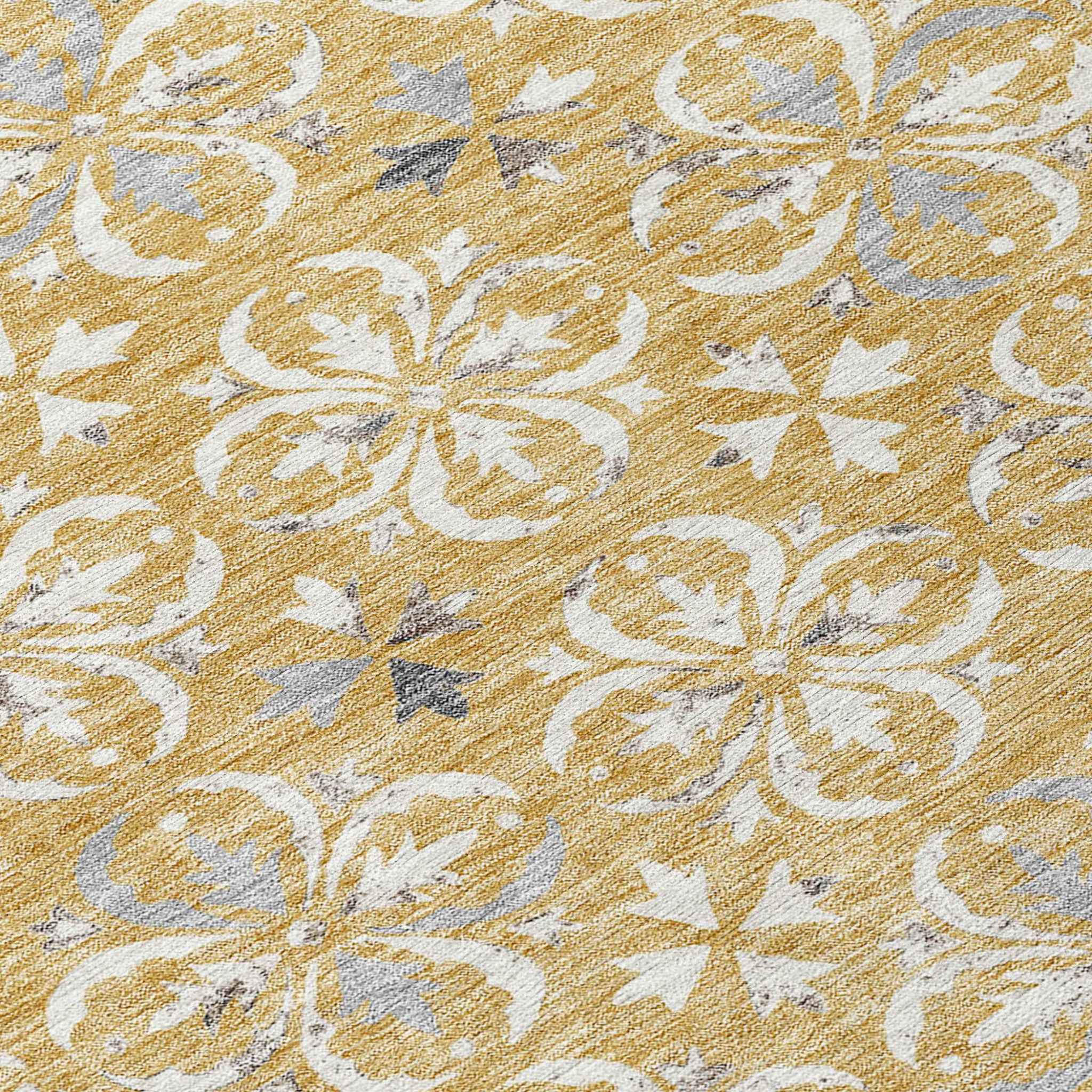 8' Gold Gray And Beige Round Floral Washable Indoor Outdoor Area Rug