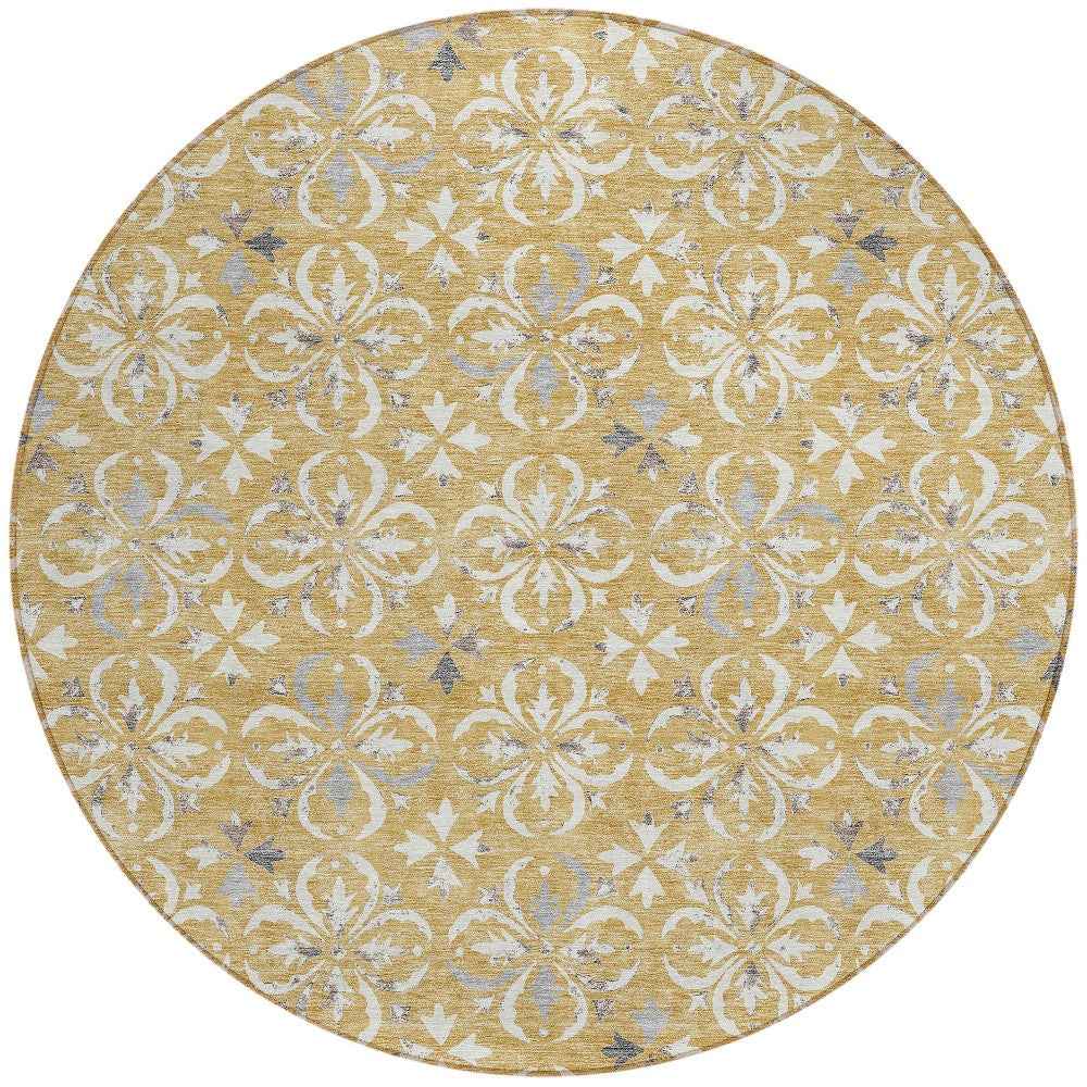 8' Gold Gray And Beige Round Floral Washable Indoor Outdoor Area Rug