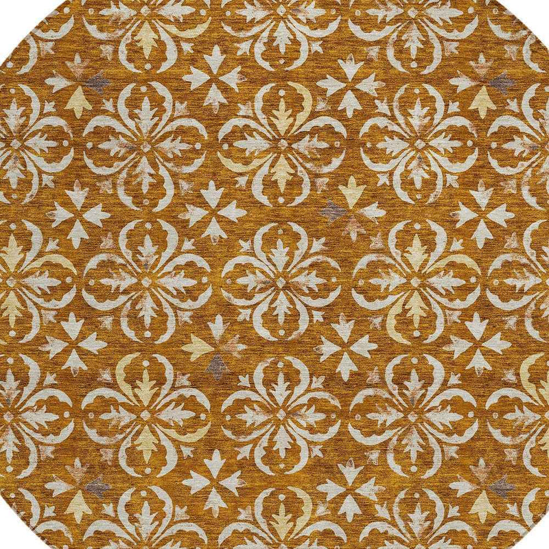 8' Copper And Beige Round Floral Washable Indoor Outdoor Area Rug