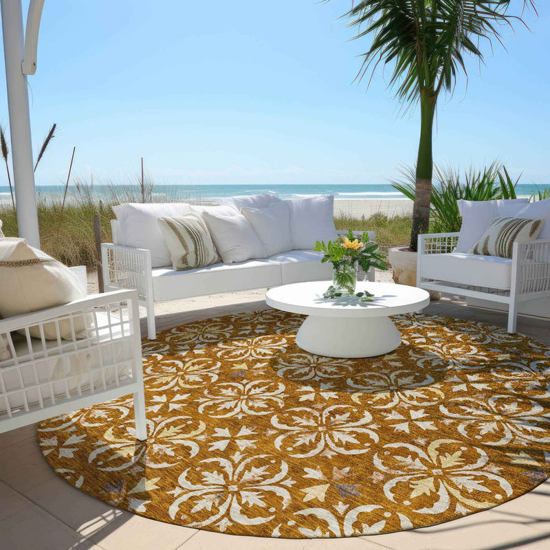 8' Copper And Beige Round Floral Washable Indoor Outdoor Area Rug