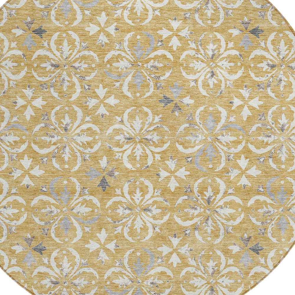8' Gold Gray And Beige Round Floral Washable Indoor Outdoor Area Rug