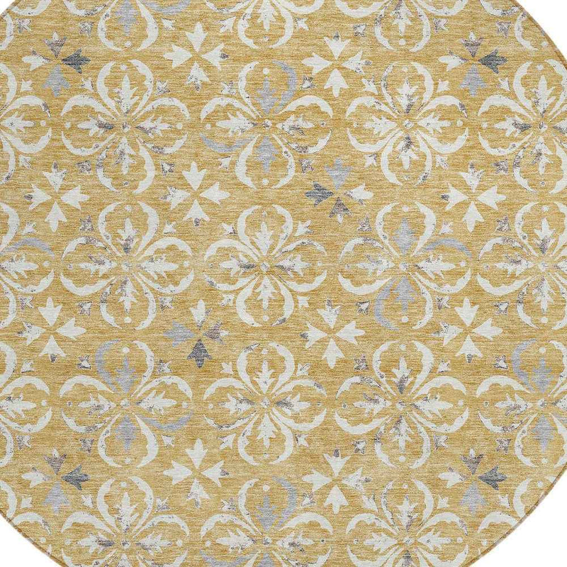 8' Gold Gray And Beige Round Floral Washable Indoor Outdoor Area Rug