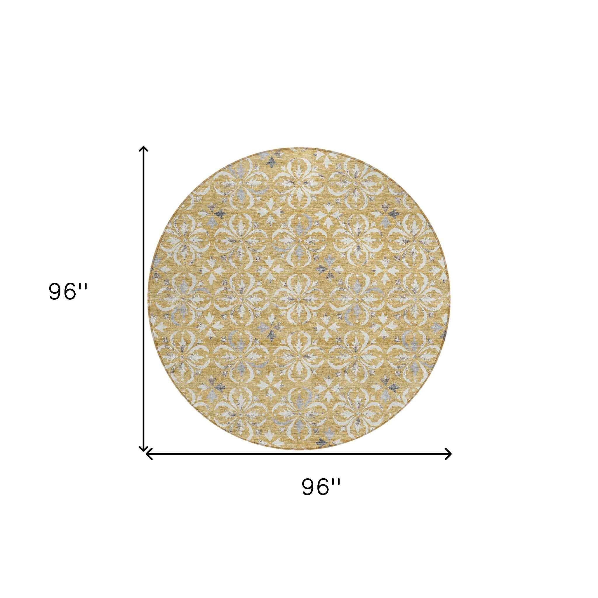 8' Gold Gray And Beige Round Floral Washable Indoor Outdoor Area Rug