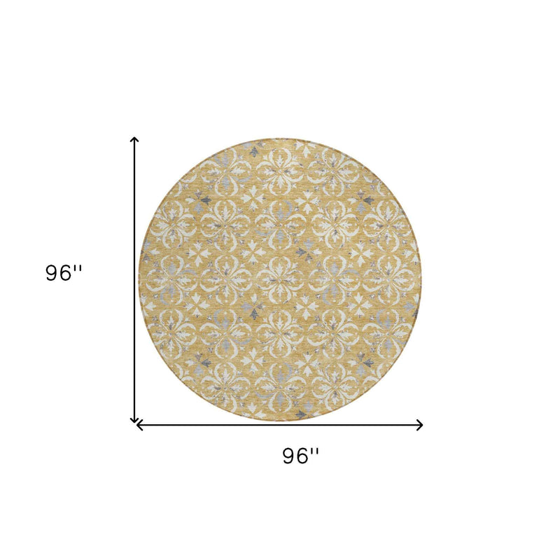 8' Gold Gray And Beige Round Floral Washable Indoor Outdoor Area Rug