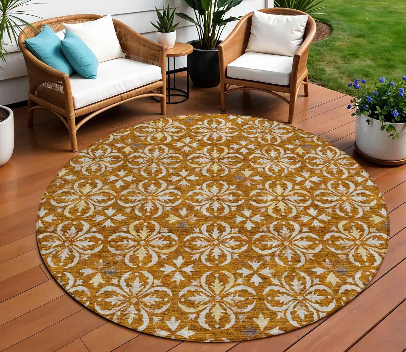 8' Copper And Beige Round Floral Washable Indoor Outdoor Area Rug