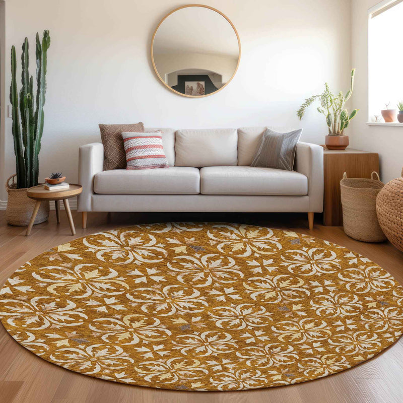 8' Copper And Beige Round Floral Washable Indoor Outdoor Area Rug