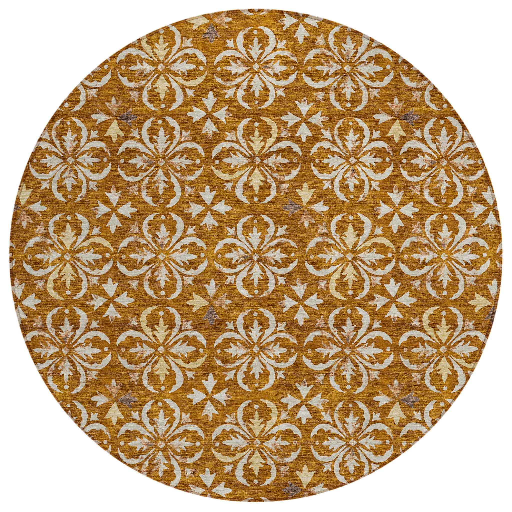 8' Copper And Beige Round Floral Washable Indoor Outdoor Area Rug