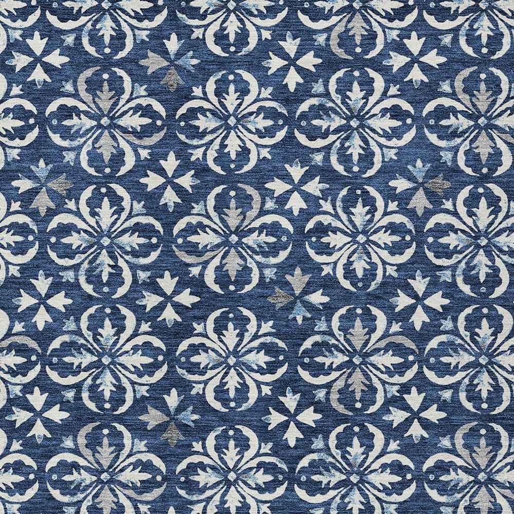 3' X 5' Navy Blue And Ivory Floral Washable Indoor Outdoor Area Rug