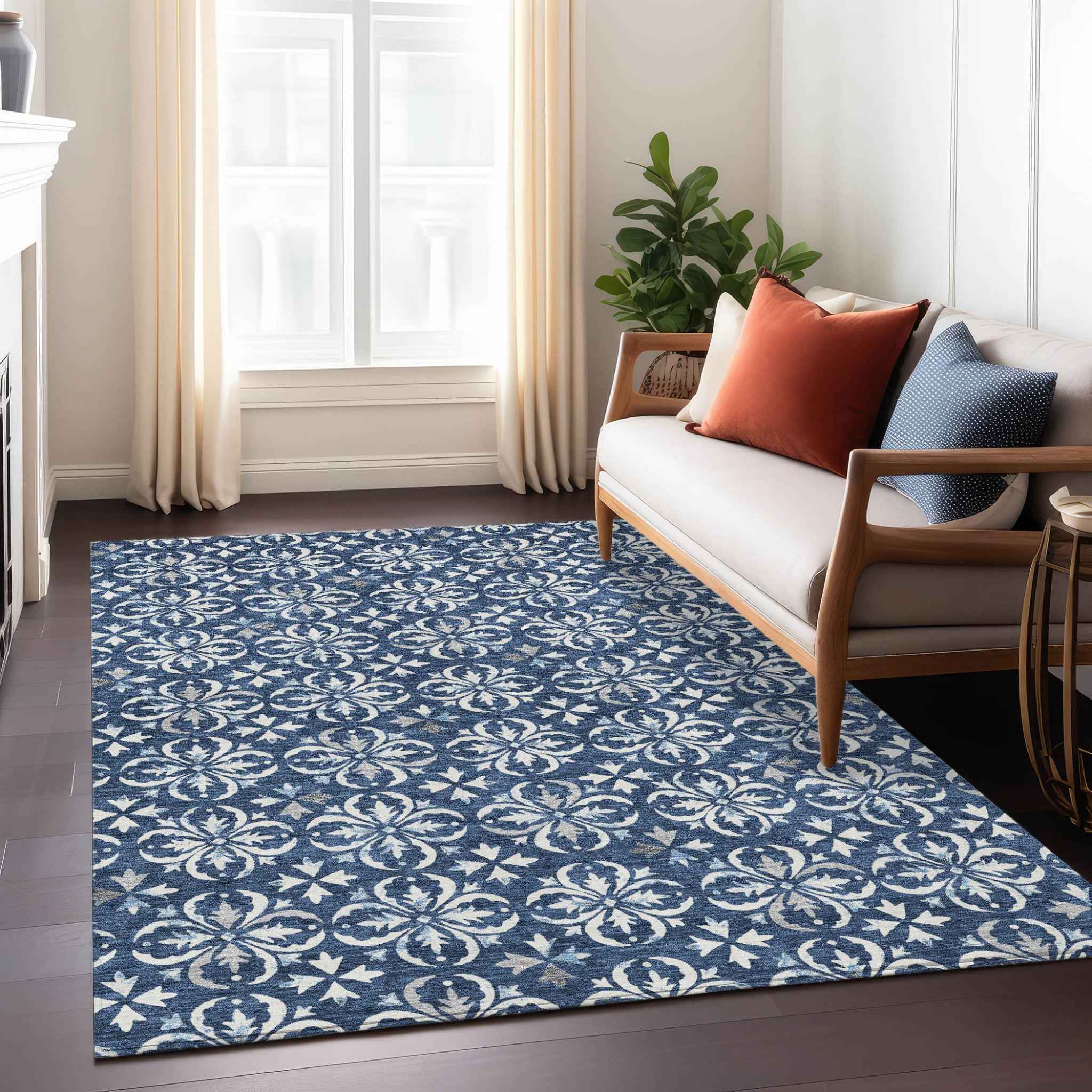 3' X 5' Navy Blue And Ivory Floral Washable Indoor Outdoor Area Rug