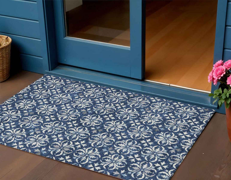 3' X 5' Navy Blue And Ivory Floral Washable Indoor Outdoor Area Rug