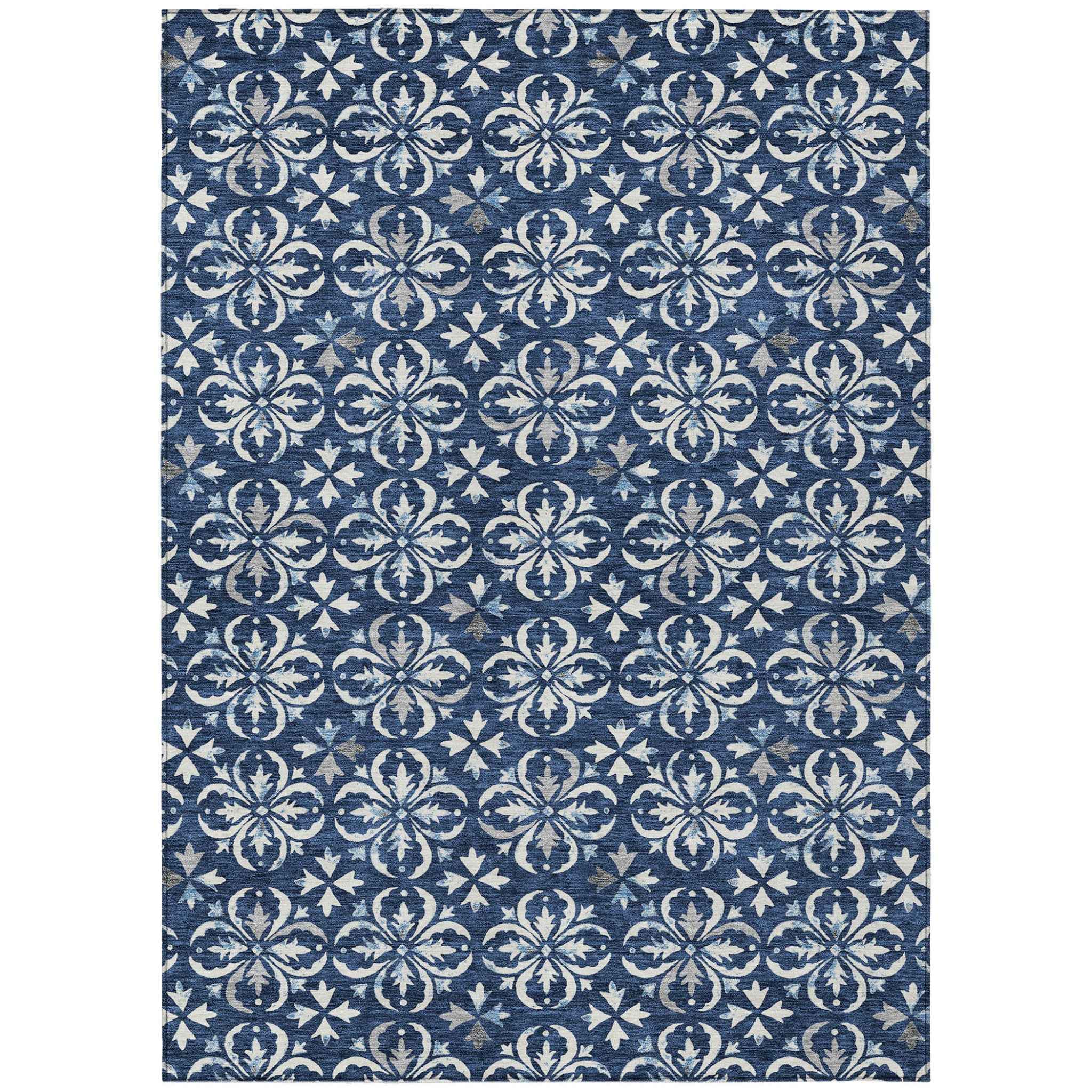 3' X 5' Navy Blue And Ivory Floral Washable Indoor Outdoor Area Rug