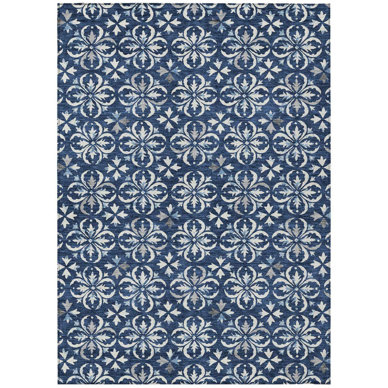 3' X 5' Navy Blue And Ivory Floral Washable Indoor Outdoor Area Rug