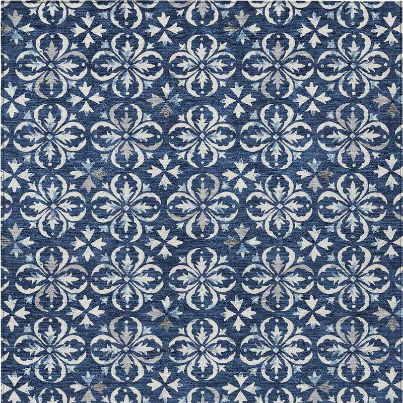 3' X 5' Navy Blue And Ivory Floral Washable Indoor Outdoor Area Rug