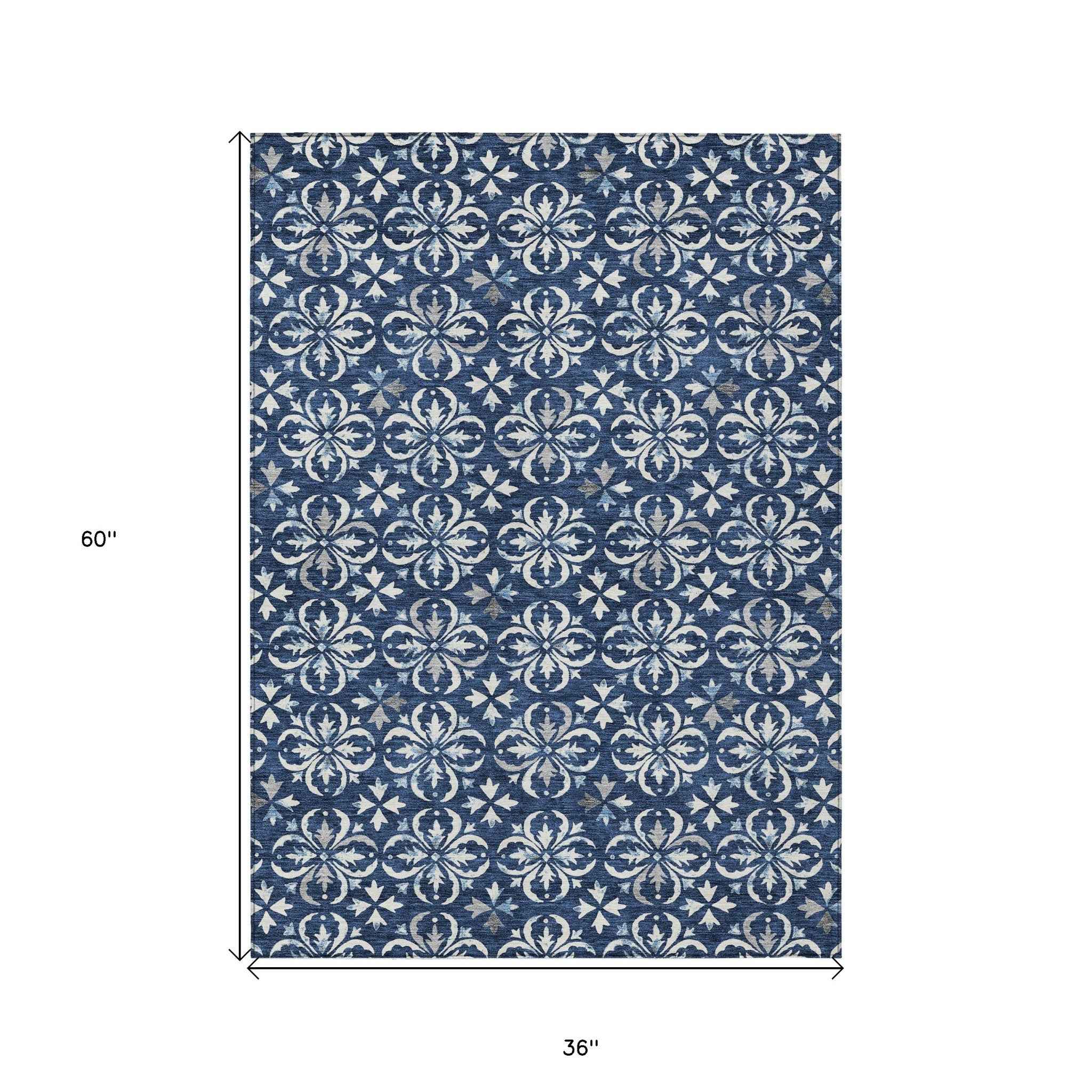 3' X 5' Navy Blue And Ivory Floral Washable Indoor Outdoor Area Rug