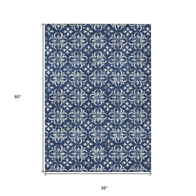 3' X 5' Navy Blue And Ivory Floral Washable Indoor Outdoor Area Rug