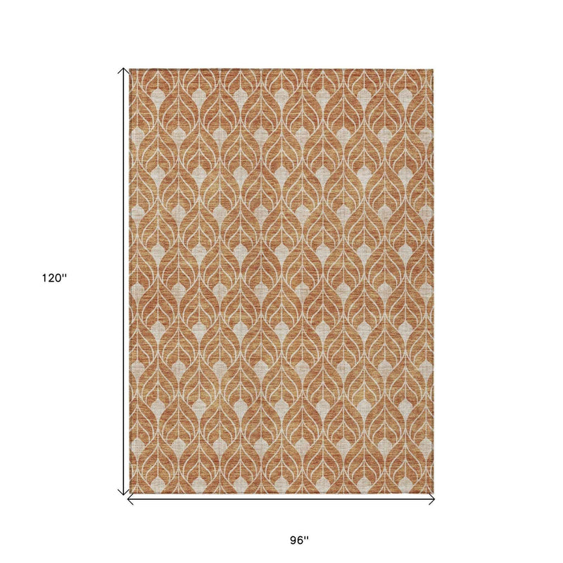 8' X 10' Copper And Beige Geometric Washable Indoor Outdoor Area Rug