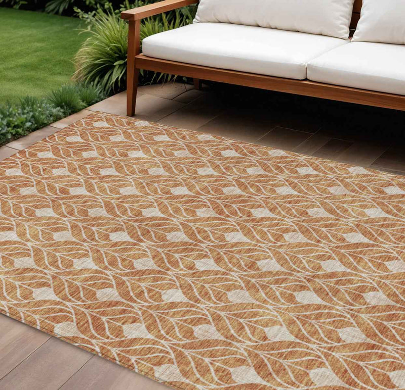 8' X 10' Copper And Beige Geometric Washable Indoor Outdoor Area Rug