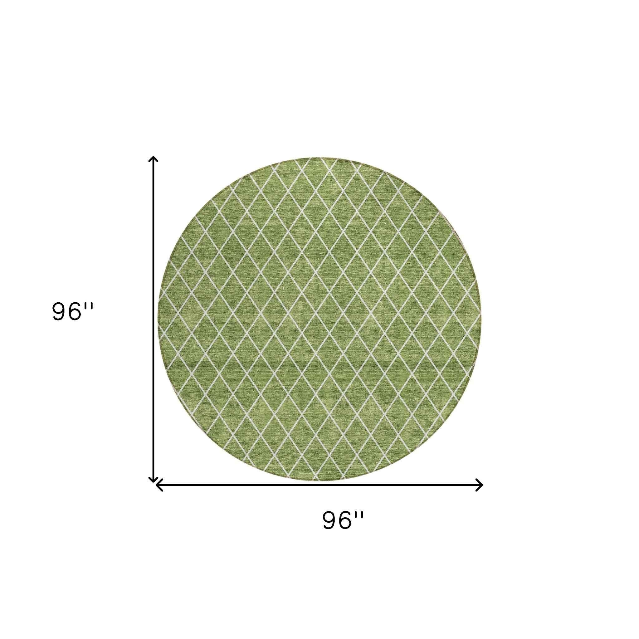8' Green And Ivory Round Geometric Washable Indoor Outdoor Area Rug
