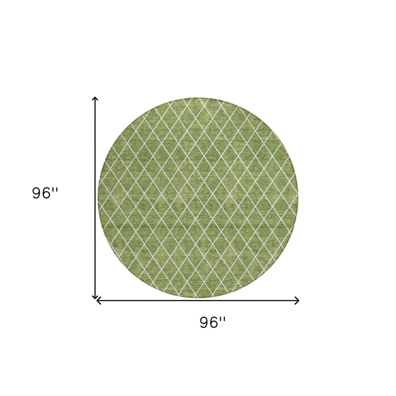 8' Green And Ivory Round Geometric Washable Indoor Outdoor Area Rug