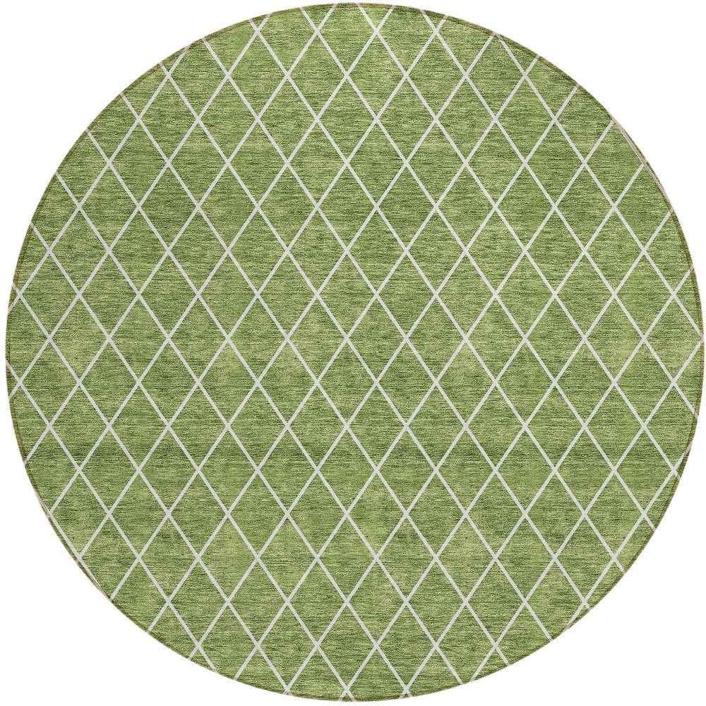 8' Green And Ivory Round Geometric Washable Indoor Outdoor Area Rug