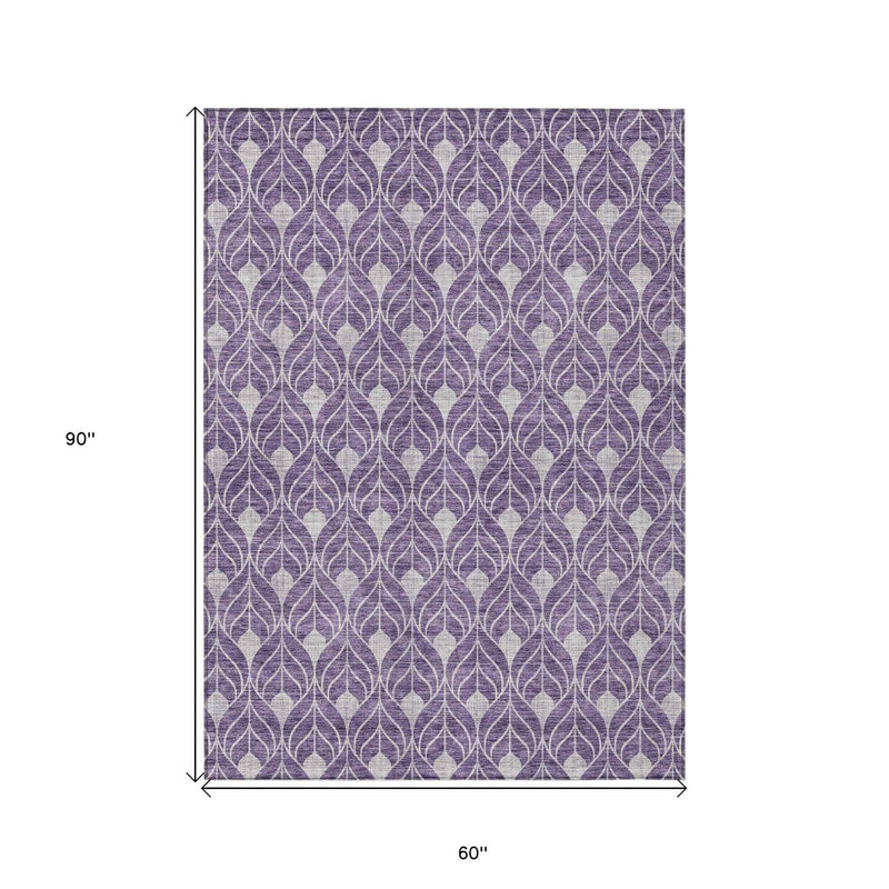 5' X 8' Purple And Ivory Geometric Washable Indoor Outdoor Area Rug