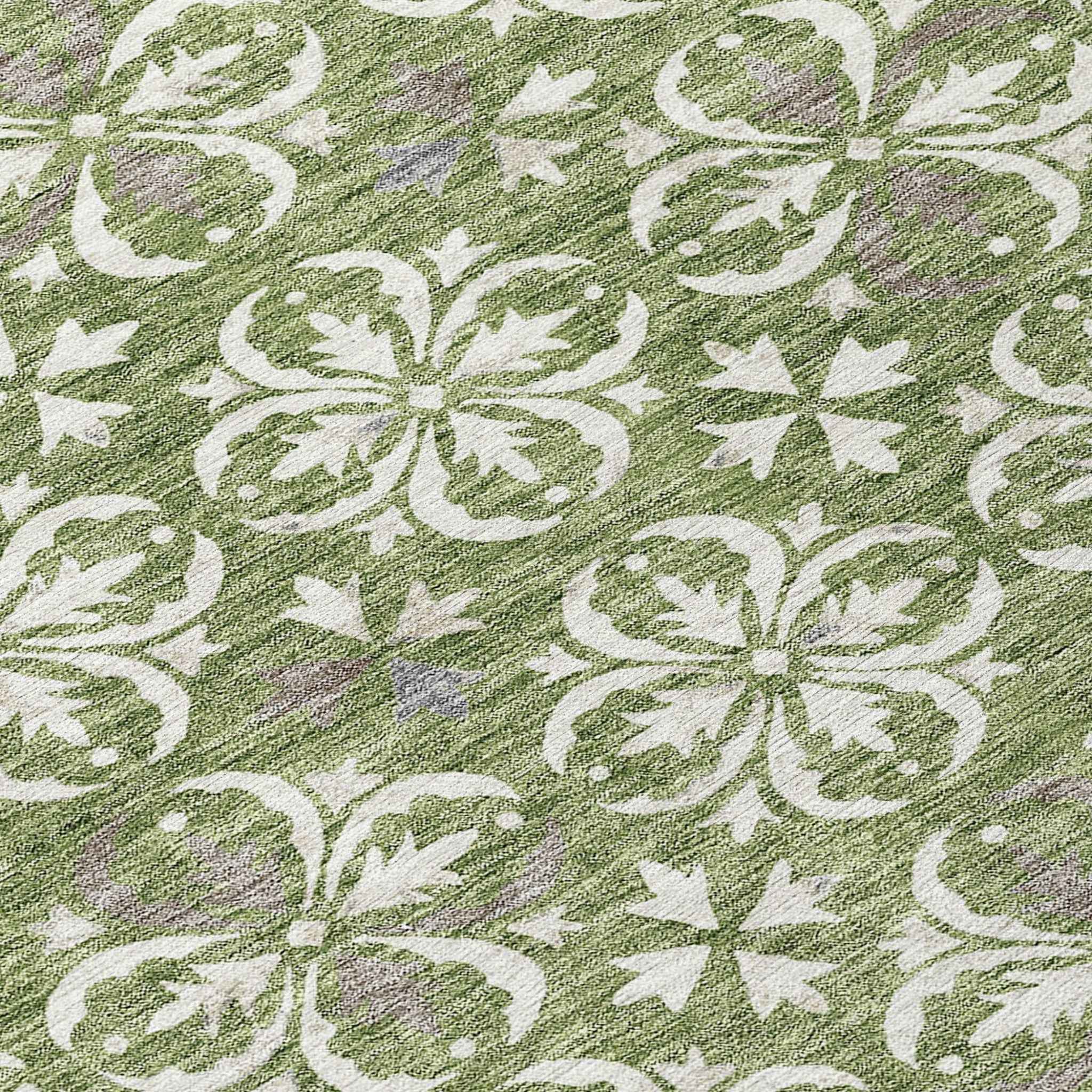 8' Green Gray And Ivory Round Floral Washable Indoor Outdoor Area Rug