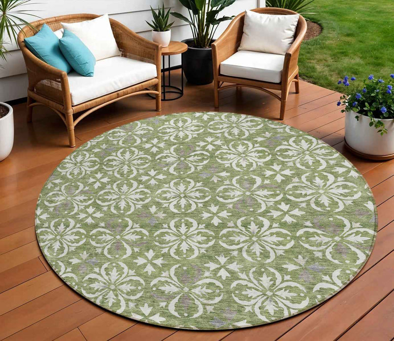 8' Green Gray And Ivory Round Floral Washable Indoor Outdoor Area Rug