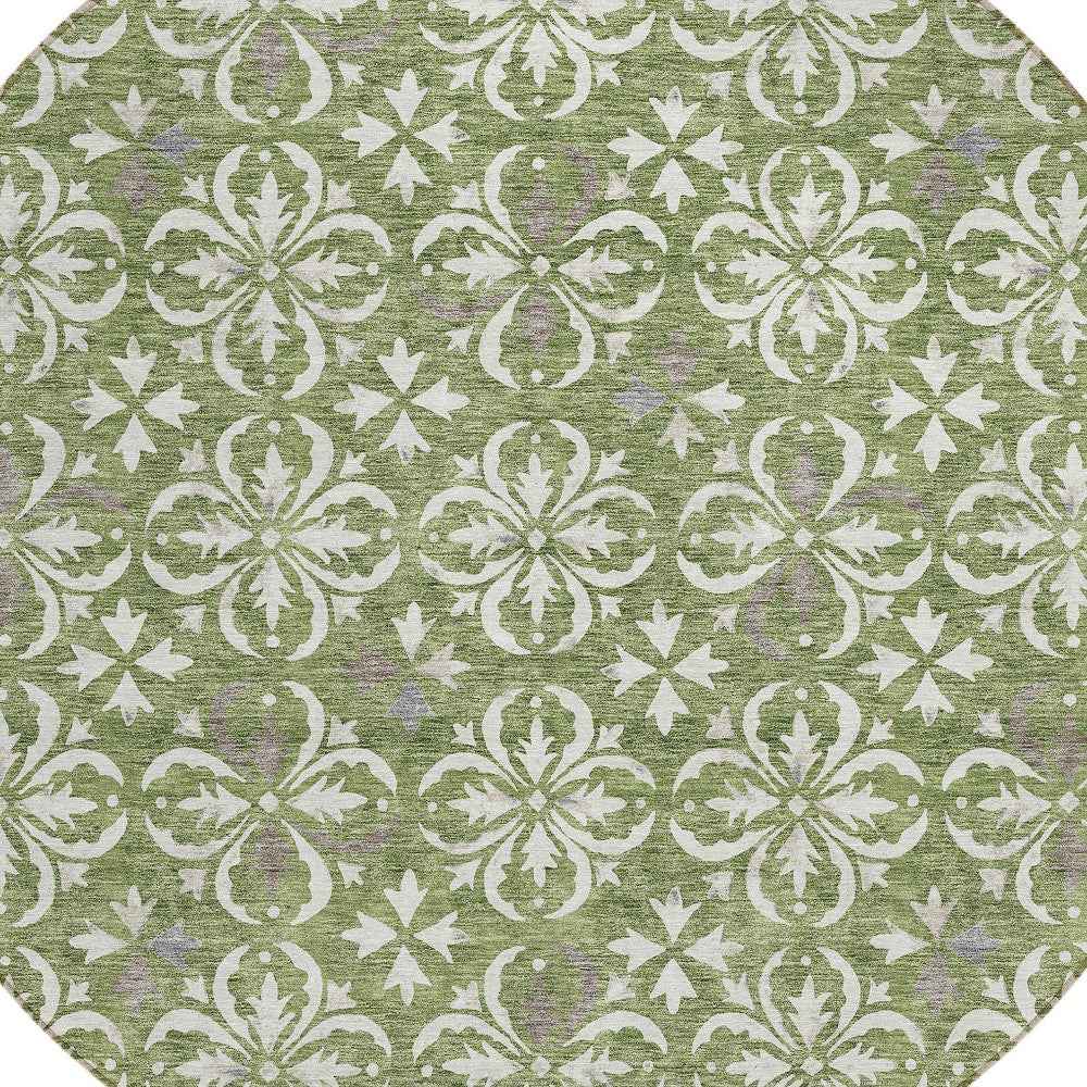 8' Green Gray And Ivory Round Floral Washable Indoor Outdoor Area Rug