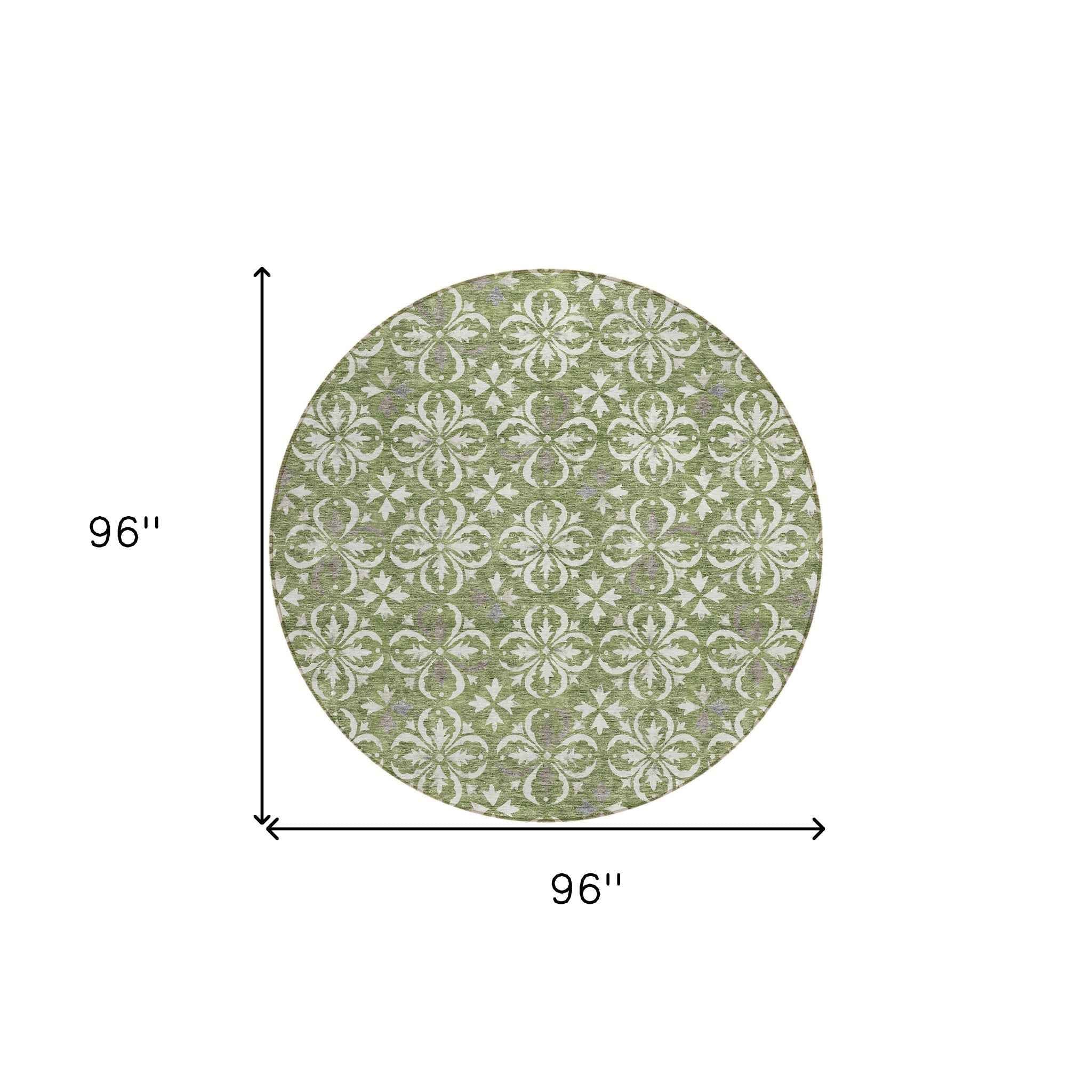 8' Green Gray And Ivory Round Floral Washable Indoor Outdoor Area Rug